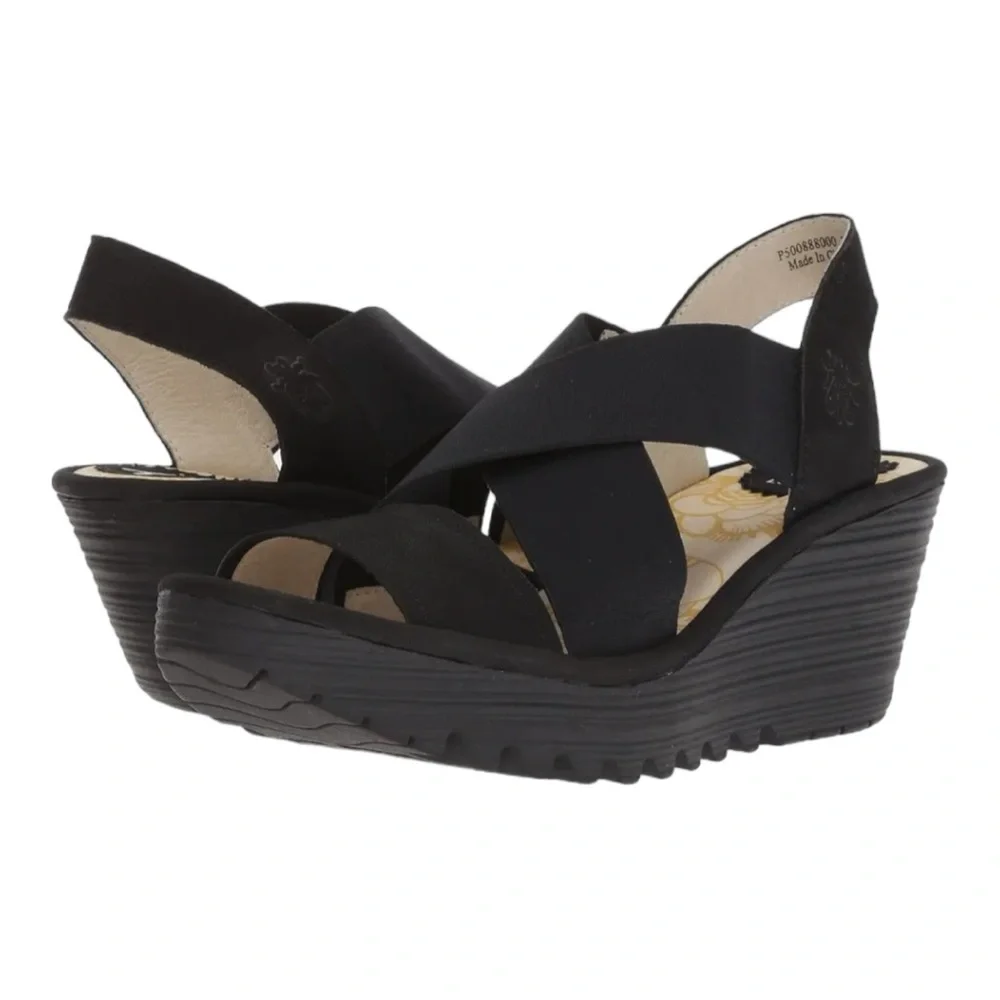 Fly London Black Wedge Sandals - Picture 6 of 9